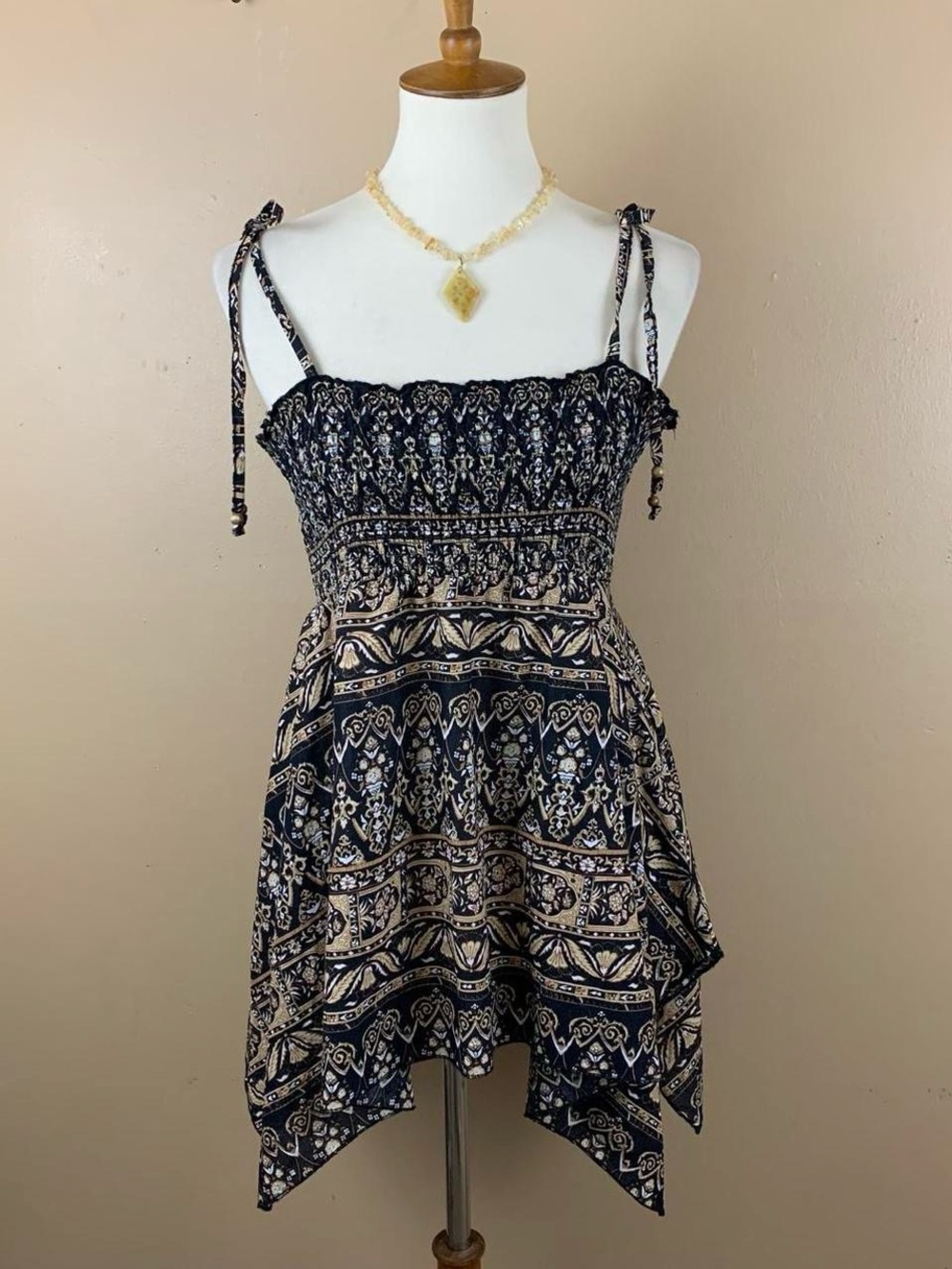 Y2K Lei Babydoll Top Juniors XL Earthy Tone Smocked Handkerchief Hem Boho Fairy